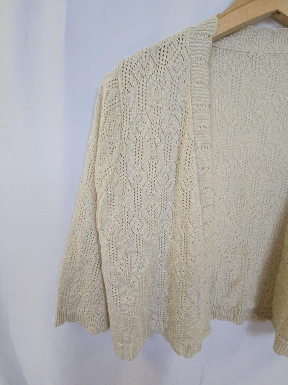 Sweater Cardigan Womens Medium White Open Knit 3/4 Sleeve Shrug Cropped - Picture 2 of 9